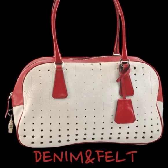 Prada Vintage White/ Red Leather 2000’s Bowling Bag/Perforated Vitello Bag |RARE - Picture 1 of 16